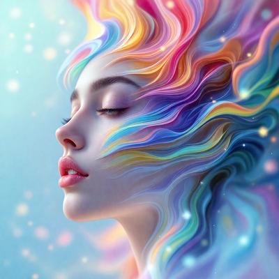 The primary subject of the image is a woman with a colorful, rainbow-like hair. She is looking at the camera, and her hair appears to be a mix of different colors. The setting is a bright and colorful environment, possibly a digital art or illustration. The visual style of the image is artistic and vibrant, with the woman's hair being the main focus of the composition. The colors and mood of the image are lively and cheerful, with the woman's hair being the center of